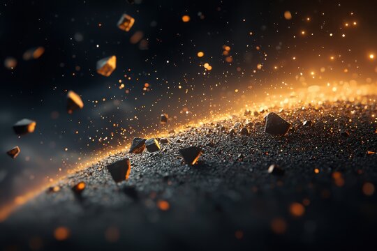Cosmic event spacegrade metal resisting cosmic forces outer space abstract visualization dynamic environment close-up perspective innovative concept
