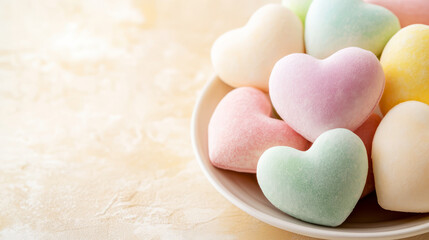 Colorful Heart-Shaped Desserts on a Plate with Soft Pastel Colors and Textured Background