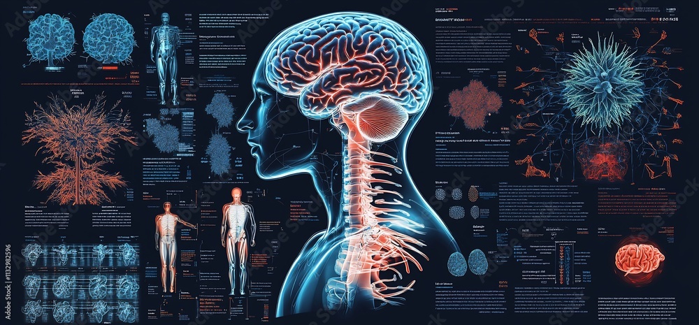 Poster Visual representation of the human brain and nervous system with scientific data.