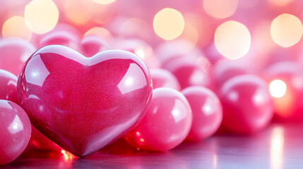 Obraz premium Shiny Heart Shape Surrounded by Pink Balls on a Soft Background for Romantic Themes