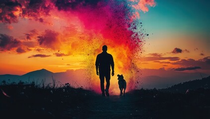 Obraz premium Silhouettes of Man and Dog Walking Through Colorful Sunset