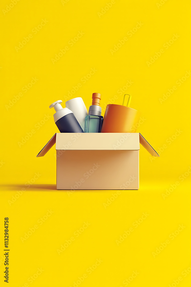 Poster Yellow background showcases a group of products in a box to illustrate various business ecommerce and online shopping concepts._00001_