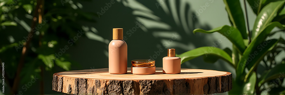 Poster Wooden tree stump serves as a unique and rustic display platform for products in a tropical design setting with subtle shadows._00002_