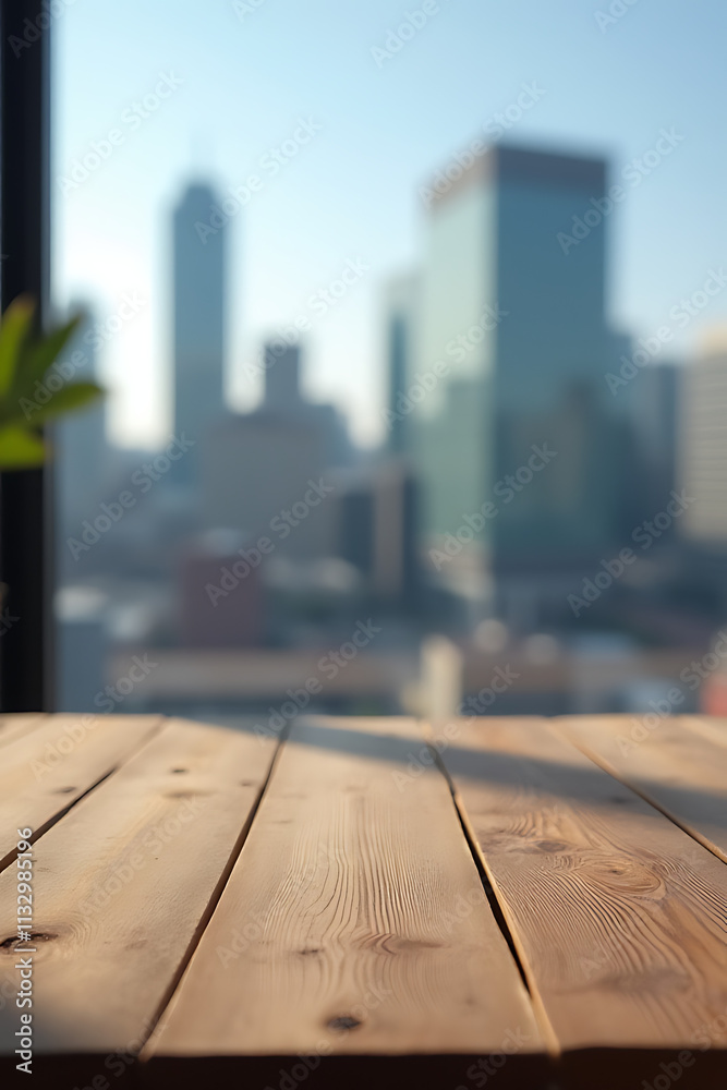 Poster Wooden table top with selective focus on a blurred cityscape through window glass in the background._00002_