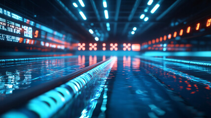 Fototapeta premium A cyber swimming lane icon displaying real-time metrics, representing online platforms for competitive swimming analytics. 