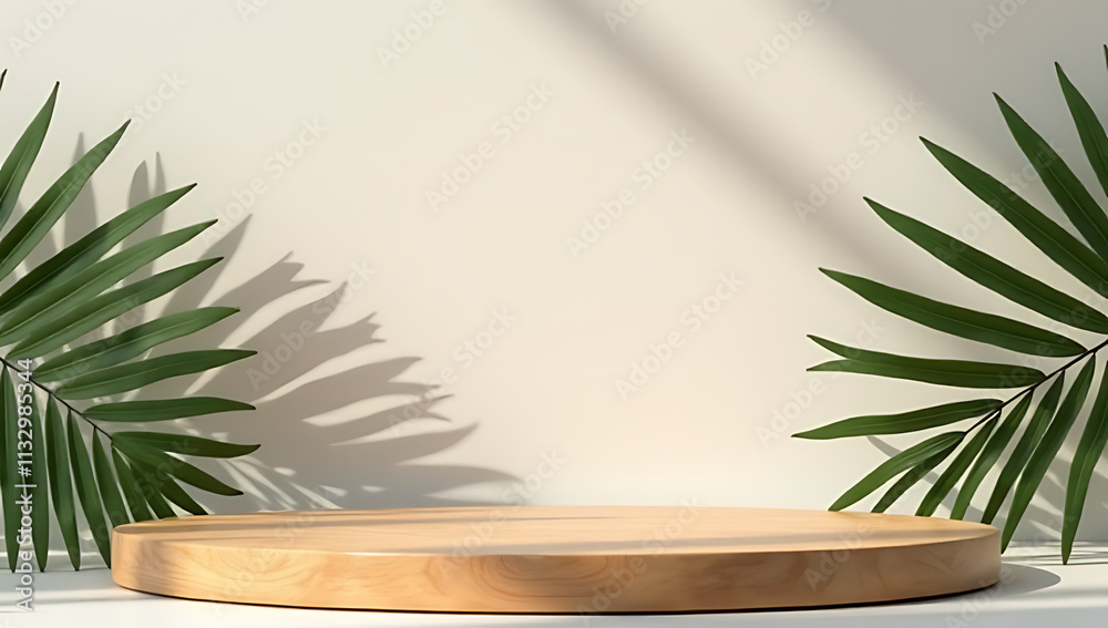 Poster wooden table or product display platform design features a silhouette of a palm leaf against a textu