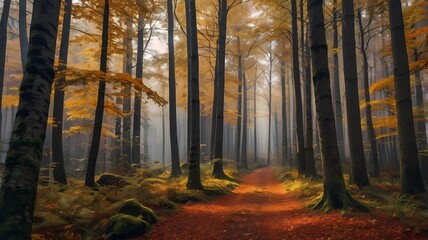 Obraz premium Autumn forest. Forest pathway through the autumn forest. Sunny forest autumn landscape in sunny day