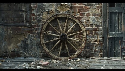 Obraz premium A weathered wooden wagon wheel leans against a brick wall, evoking a sense of history and time.