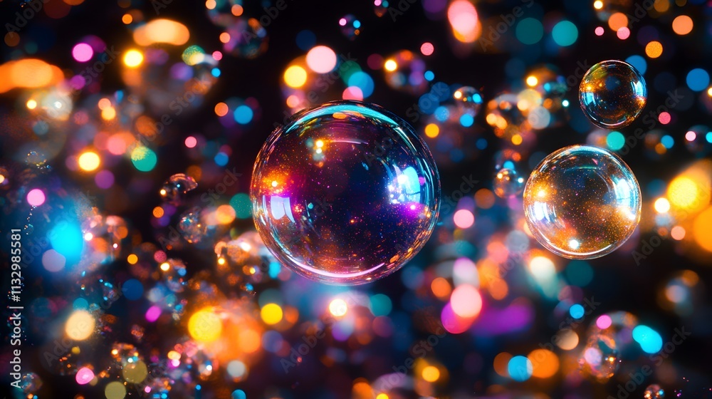 Poster Colorful Bubbles Floating in a Dreamy Abstract Background with Blurred Light Effects Creating a Whimsical and Enchanting Atmosphere for Visual Delight