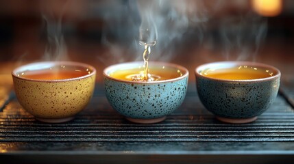 This image showcases three ceramic teacups in vibrant colors, filled with steaming tea. The warm tones create a cozy ambiance.