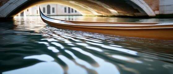 A gondola gently glides beneath a grand arch, its wooden hull rippling reflections on tranquil canal waters, evoking romance and tradition.