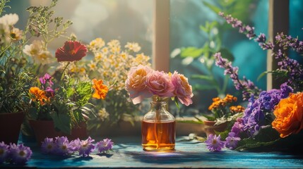 Sunlit floral arrangement with vibrant wildflowers