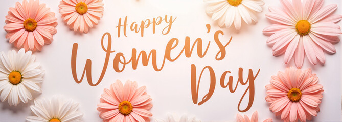 Obraz premium Happy Women's Day banner with daisies and glowing peach text