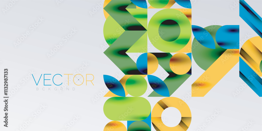 Poster Colorful simple dynamic geometric forms circles lines and round shapes. Mosaic techno art concept. Vector Illustration For Wallpaper, Banner, Background, Card, Book Illustration, landing page