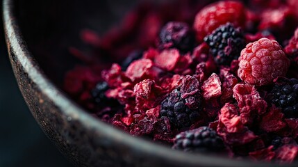 Close-up of a bowl of freeze-dried raspberries and blackberries, with their textures standing out vividly.