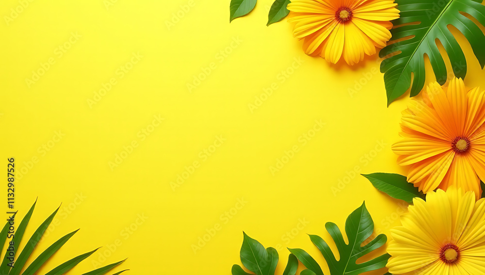 Poster vibrant tropical leaves are arranged on a bright sunny yellow background with subtle white space to 