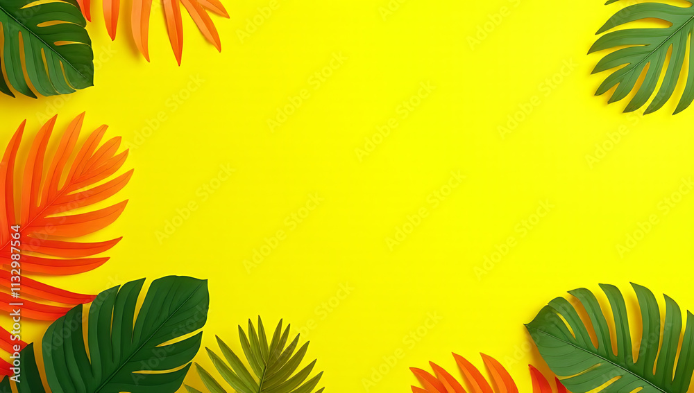 Poster vibrant tropical leaves are arranged on a bright sunny yellow background with subtle white space to 