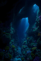 Obraz premium A captivating underwater scene of a deep blue cave with sunlight shining through, surrounded by colorful corals and marine life, revealing the wonders of the ocean