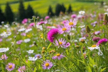 Obraz premium Stunning Closeup View of Vibrant Wildflowers in a Lush Meadow Against a White Background
