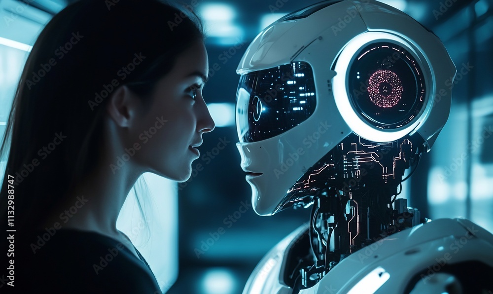 Poster a human woman and a futuristic robot face each other in a tech setting.