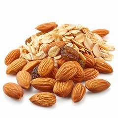 Fototapeta premium Rolled oats, almonds, and raisins combined on a white background, forming a nutritious and appealing blend