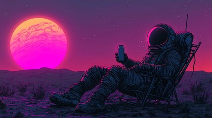 Fototapeta premium Astronaut relaxing in a chair on an alien planet with a pink sun, enjoying a drink.