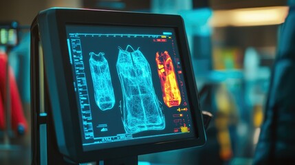Obraz premium Detailed view of an X-ray machine monitor displaying the contents of a scanned bag, with bright and colorful imagery.