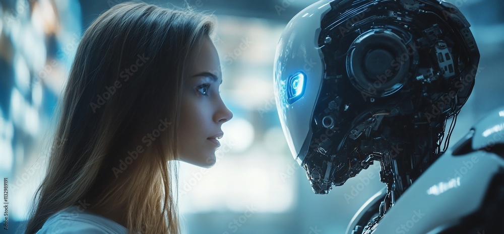 Poster a human and a robot face each other, exploring connection and technology.