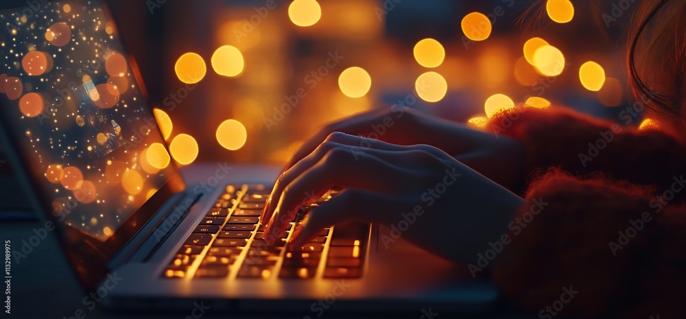 Poster a person typing on a laptop with warm, glowing bokeh lights in the background.