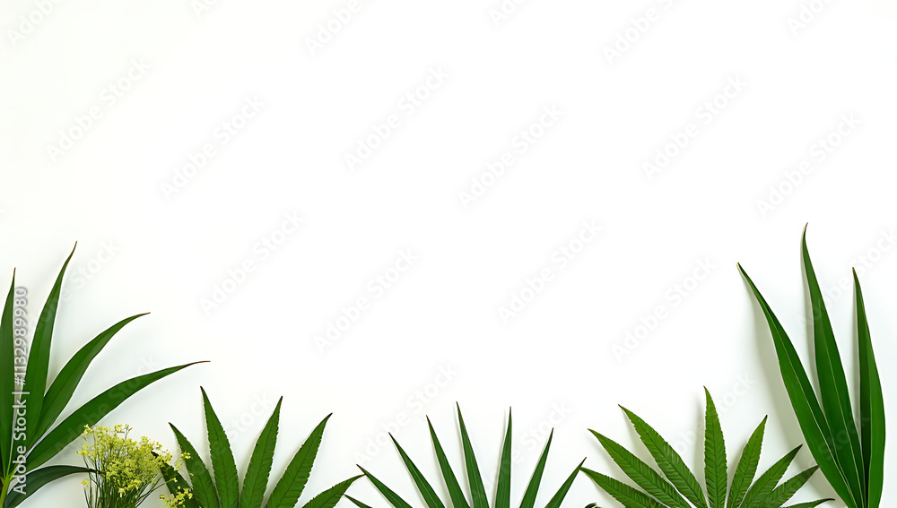 Poster tropical botanical elements are placed on a white background with generous negative space for a clea