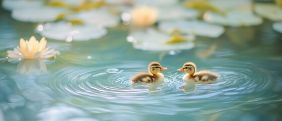 Two ducklings rippling through a sun-dappled pond, surrounded by blooming lilies, crafting a perfect picture of serenity.