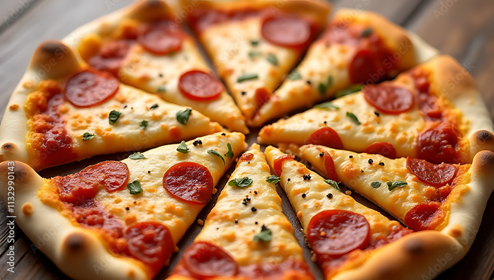 Poster Traditional pizza design features a top view of a simple pie cut into geometric shapes for transparent presentation._00002_