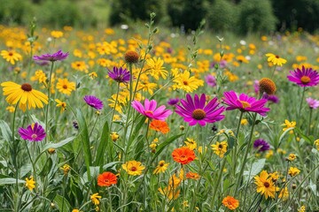 Fototapeta premium Colorful Wildflower Meadow Landscape Banner with Clear Sky Background