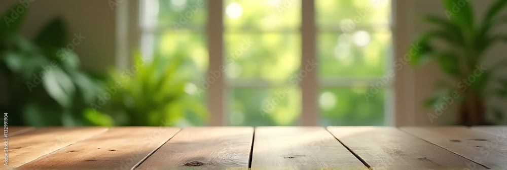 Poster the top of the wooden table provides a clear view of the surrounding garden from its position near a