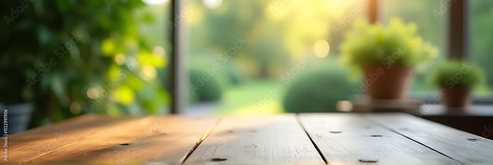 Poster the top of the wooden table provides a clear view of the surrounding garden from its position near a