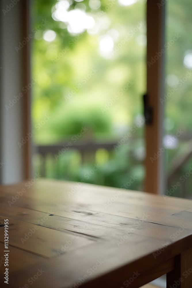 Poster The top of a wooden table sits atop a blurred window frame with a glimpse of the garden outside in the background._00002_