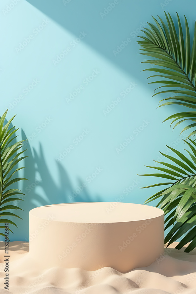 Poster the sandstone top product display platform features a minimalist design with a blue sky and tropical