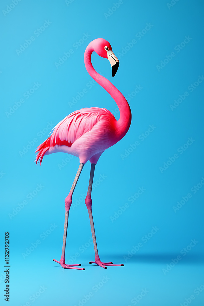 Poster the pink flamingo is placed on a blue colored background to create a visually striking and contrasti