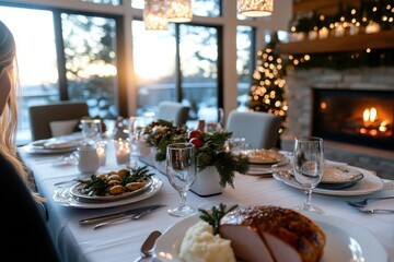 Fototapeta premium A charming dinner table set for a sunset meal, featuring a roast ham, mashed potatoes, and a cozy atmosphere created by soft lighting and outdoor scenery.