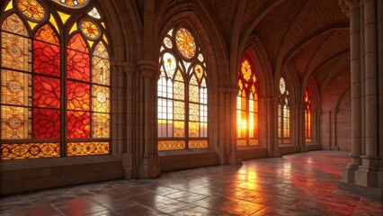 Obraz premium Arched Cathedral Window Illuminated by Sunrise