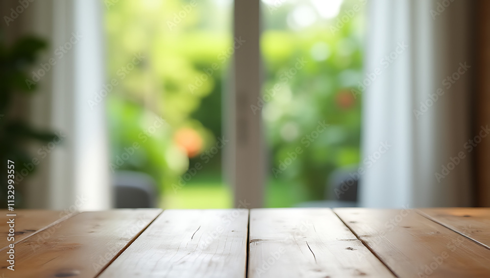 Poster The empty wood table top is visible through a blurred curtain, showcasing an abstract view of the adjacent garden and its fresh greenery._00001_