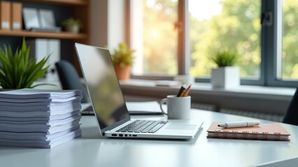 Fototapeta premium Organized Modern Workspace, Productivity, Paperwork, Laptop, Bright Office