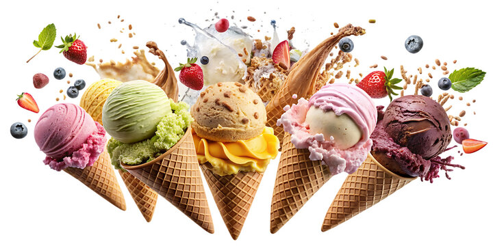 Set of delicious ice cream explosions cut out isolated on white background as transparent. PNG. AI GENERATED