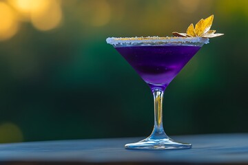 A vibrant purple cocktail with a gold-rimmed glass and a decorative leaf.