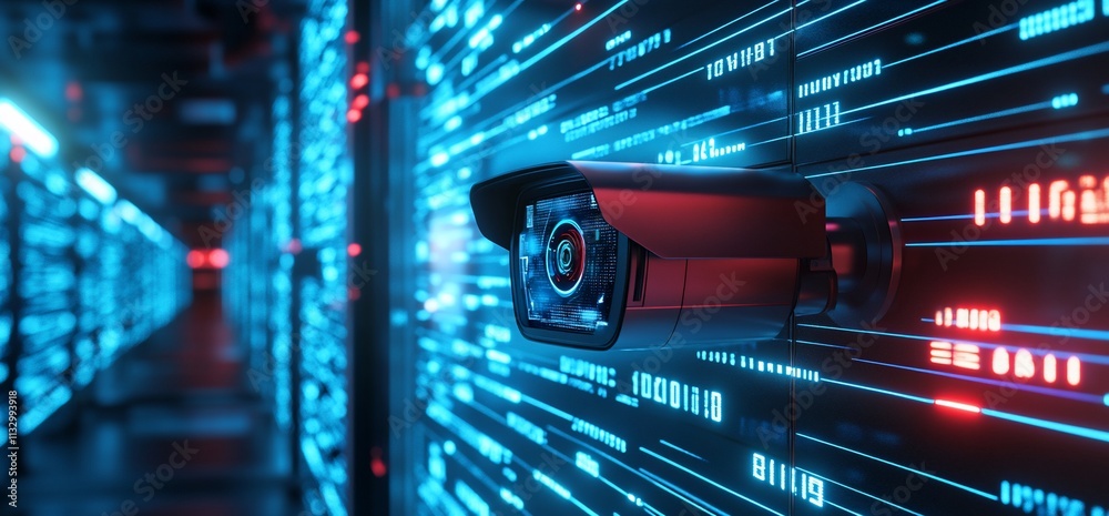 Poster a surveillance camera monitors a high-tech data center environment.