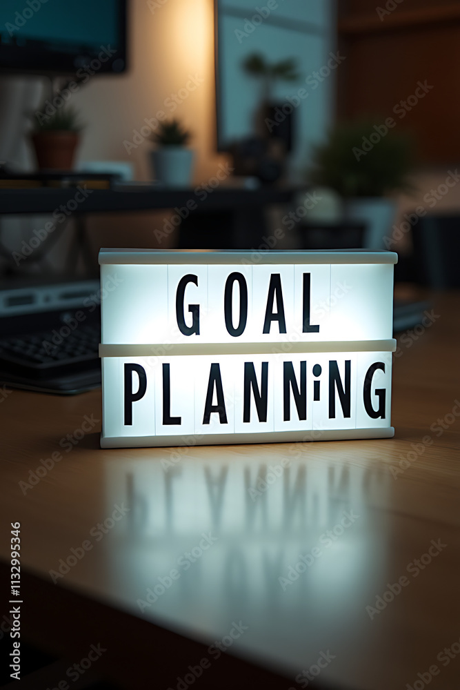 Aufkleber Text about goal planning and action is displayed on a light box at the home office workspace near a desk table._00002_