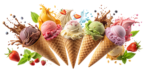 Set of delicious ice cream explosions cut out isolated on white background as transparent. PNG. AI GENERATED