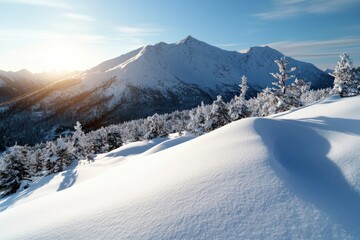 A captivating snowy wonderland, showcasing a clear horizon with majestic mountains, evokes feelings of tranquility and peace in the pristine winter environment.