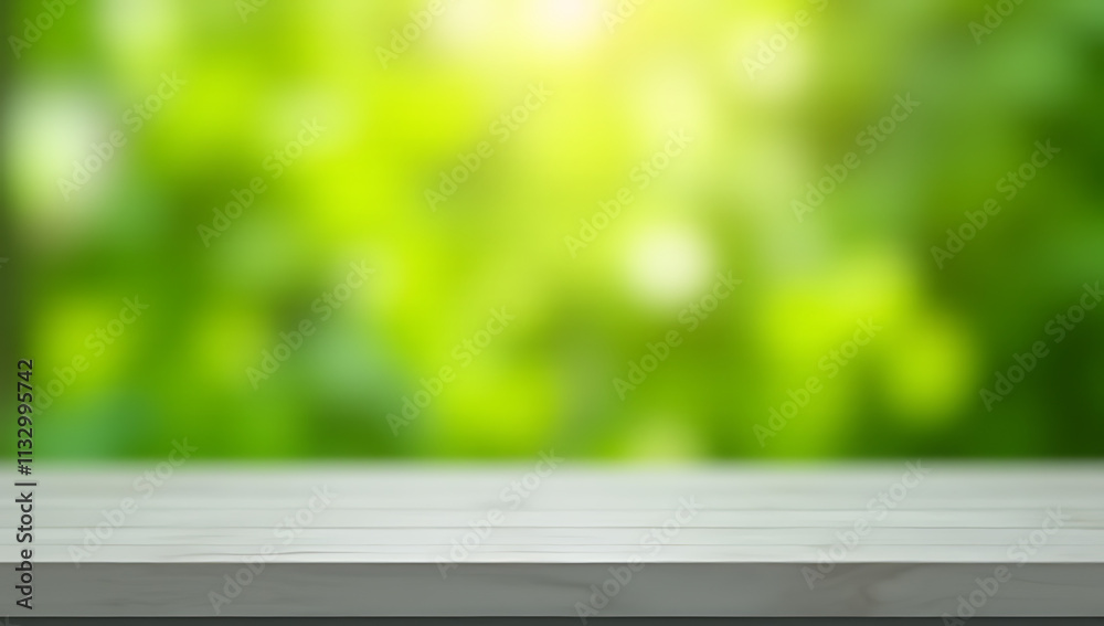 Poster Tabletop surface features a blurred green garden background suitable for creating product displays and key visuals within clipping paths._00002_