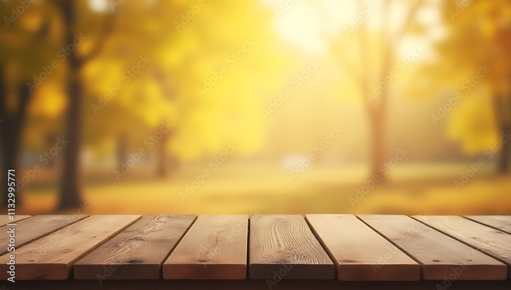 Poster Tabletop empty of wood, featuring a blurred light gold bokeh abstract background for a stylish product display or key visual layout._00002_